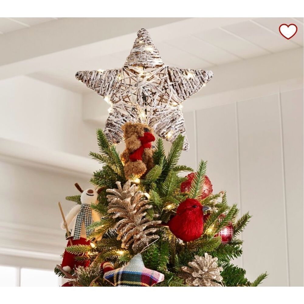 New Pottery Barn Light Up Snowy Star Handcrafted Rattan Tree Topper